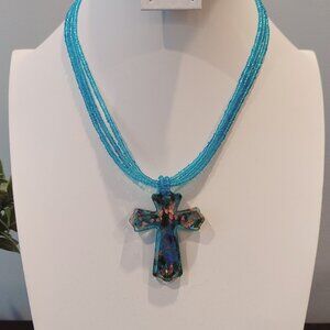 💖💖TURQUOISE & COPPER GLASS CROSS NECKLACE